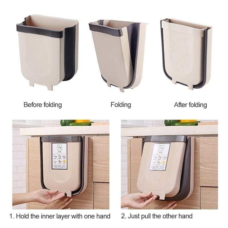 Folding Trash Can Kitchen Cabinet Door Hanging Waste Bin Wall Mounted Trashcan Space Saving Garbage Box for Bathroom Toilet Waste Storage(Size S/L)