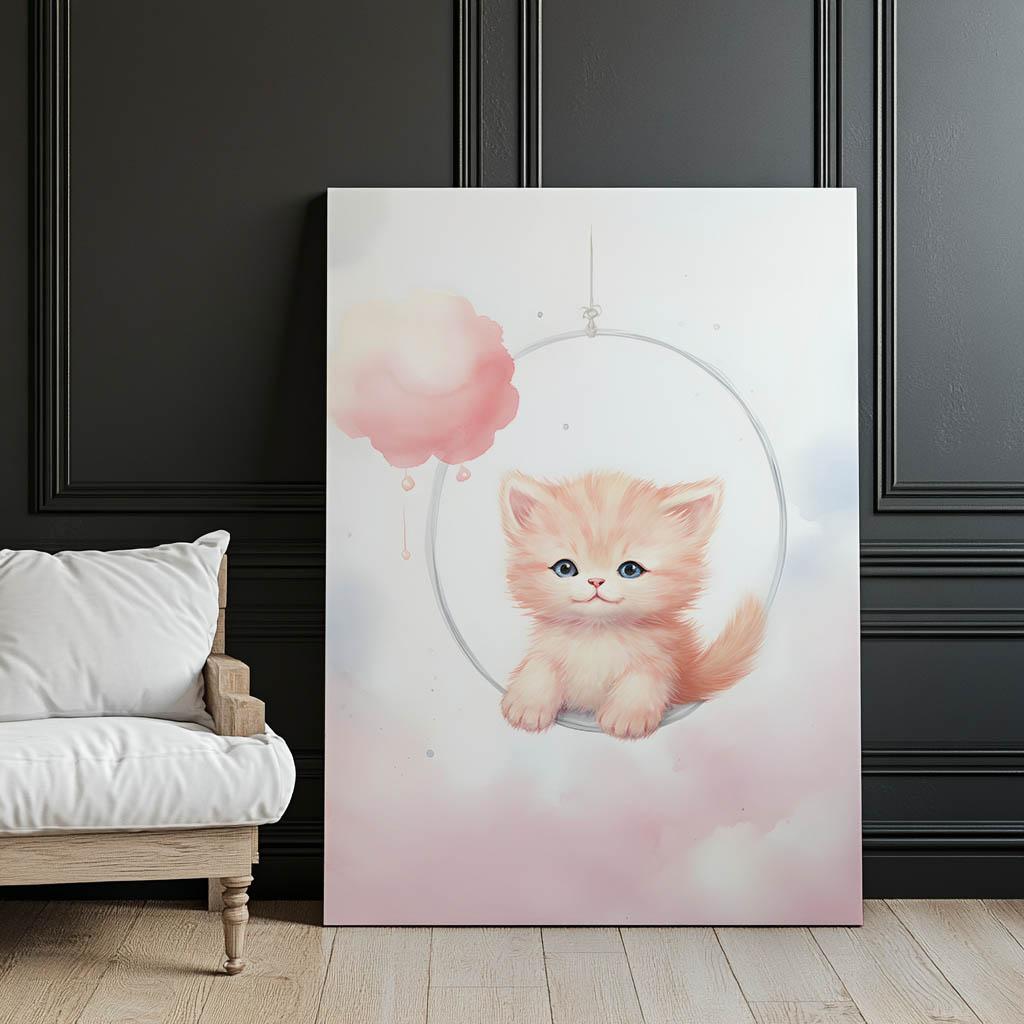 Радостный Котенок На Качелях Радостный Котенок На Качелях, 50x70 См, Золотая Алюминиевая Рама, Матовая Бумага 230 г/м²