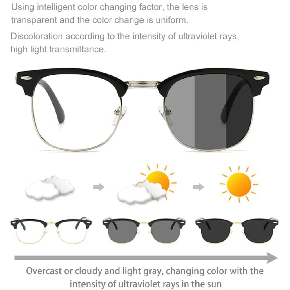 Классические фотохромные солнцезащитные очки в полурамке, женские солнцезащитные очки-хамелеоны с заклепками в стиле ретро, ​​мужские модные солнцезащитные очки с изменением цвета для вождения