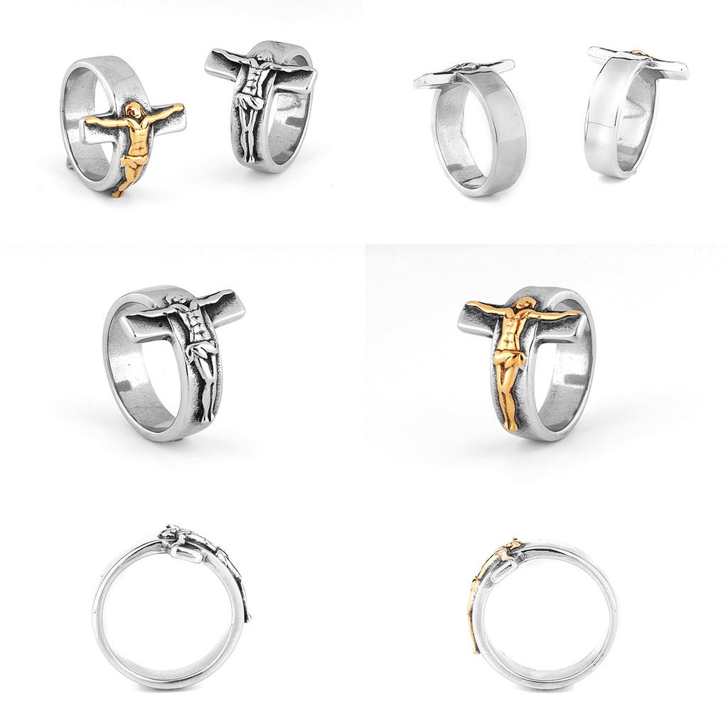Retro Cross Jesus Stainless Steel Ring for Men & Women Antique Gothic Metal Ring Zircon Christian Accessories Blessing Gift