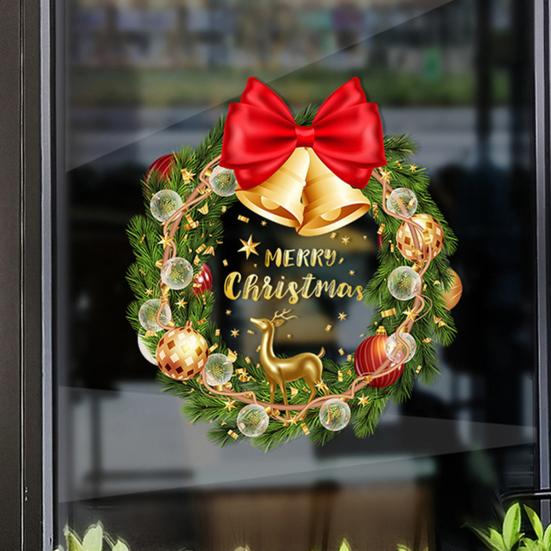 Christmas Window Clings Large Christmas Wreath Decals with Bow Bells Balls