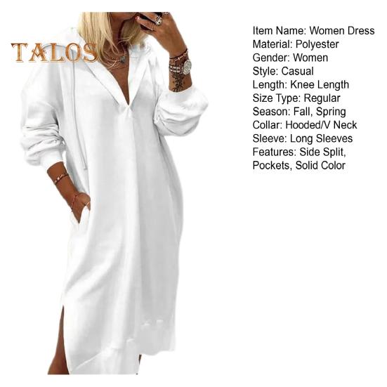 Осень-зима женское платье с капюшоном на шнурке с боковым разрезом Свободные длинные рукава Однотонный вязаный пуловер с карманами длиной до колен Повседневная одежда Платье миди