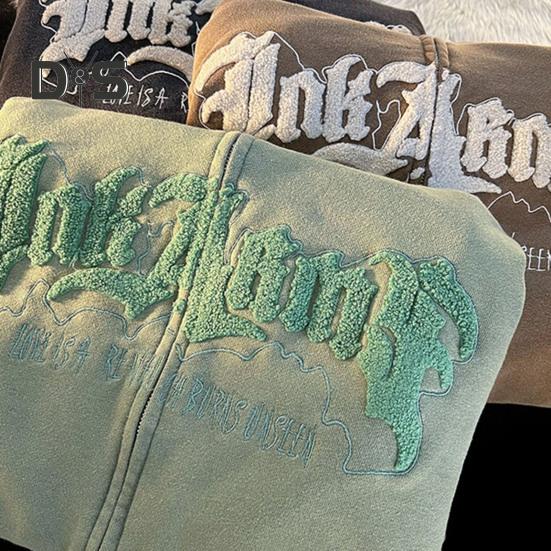 Женская осенне-зимняя куртка на молнии с капюшоном с буквенным узором Свободная толстая с длинным рукавом Теплый роговой декор Карманы Эластичные манжеты Женская куртка средней длины