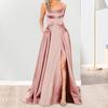 Evening Dress Spaghetti Strap High Slit Off Shoulder Backless Sleeveless Side Pockets A-line Floor Length Satin Pure Color Prom Banquet Party