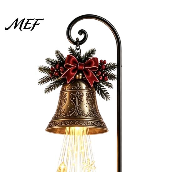Iron Art Holiday Displays Solar Christmas Bell Waterfall Light, LED Metal Garden Stake with Red Ribbon, Waterproof Path Lighting Auto On/Off, Outdoor