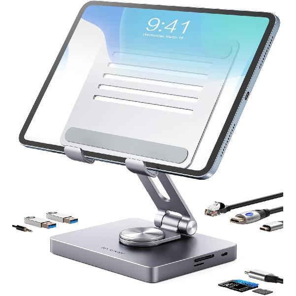 Подставка для iPad BYEASY, Док-станция для ноутбука, USB-C хаб для iPad 8-в-1, Подставка для планшета Type-C с HDMI, 3,5-мм разъемом, LAN, Зарядка 100 Вт PD, 2*USB 3.0, SD/TF