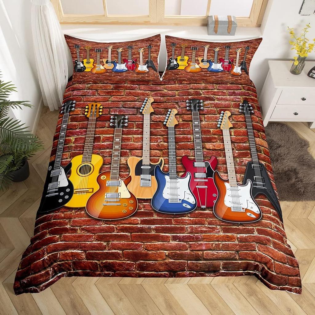 Guitar Duvet Cover Twin,Modern Music Themed Bedding Set Kids Cool Hip Pop Inspired Bed Cover,Musical Instrument Comforter Cover