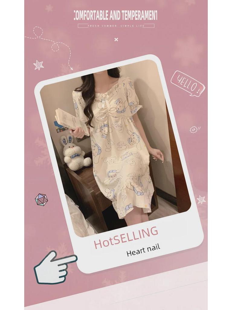 Ночная рубашка с короткими рукавами и нагрудной подкладкой 2024 года – Милый хлопковый облачный стиль в стиле мультяшной принцессы