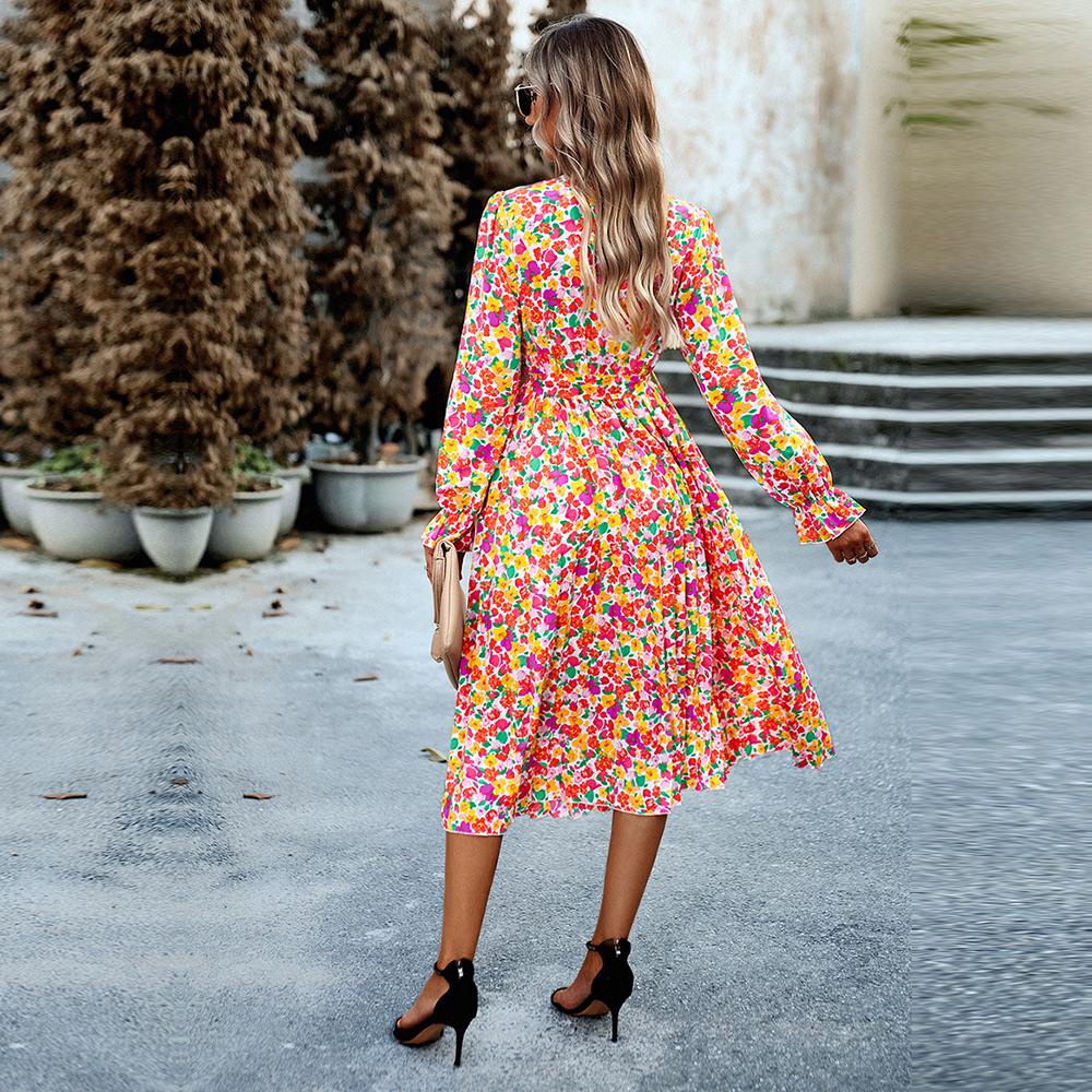 Осенне-зимнее женское плиссированное длинное платье для отдыха с круглым вырезом и длинными рукавами с принтом