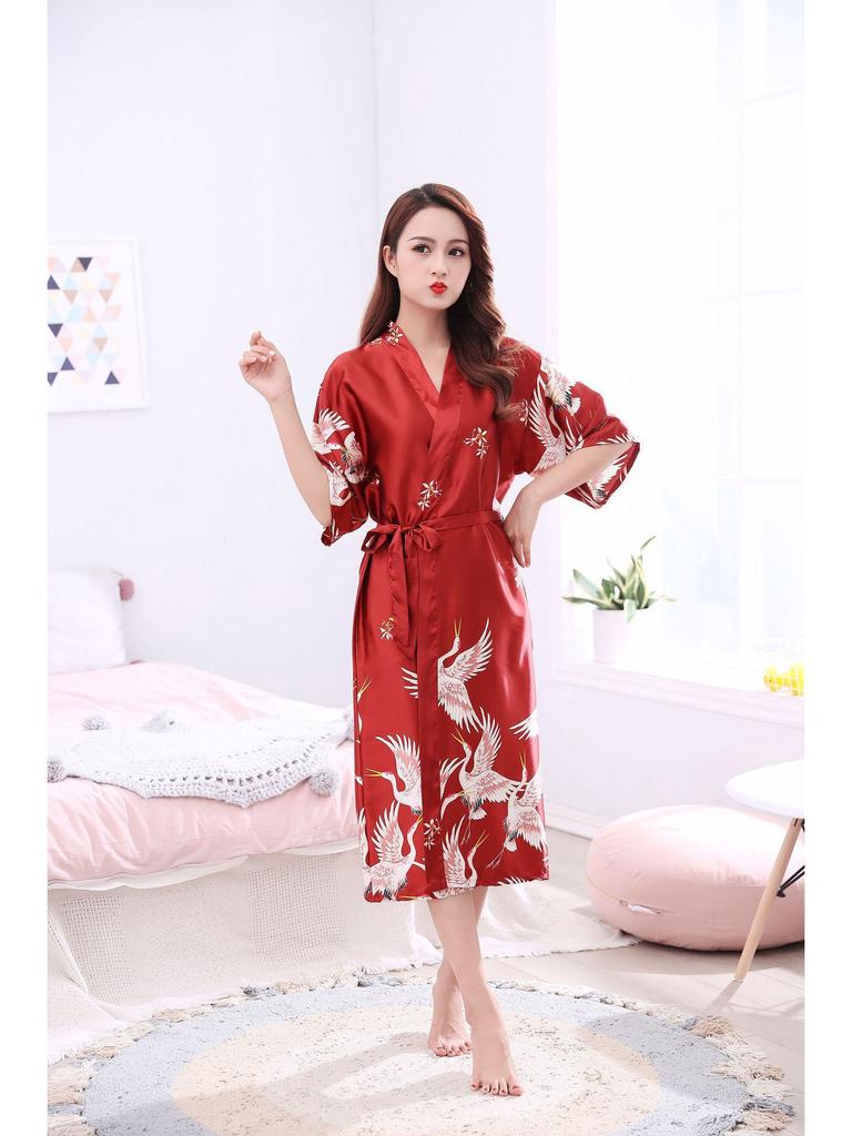 Очень большой шелковый халат-кимоно с принтом журавлей - Большой размер для невесты и домашней одежды