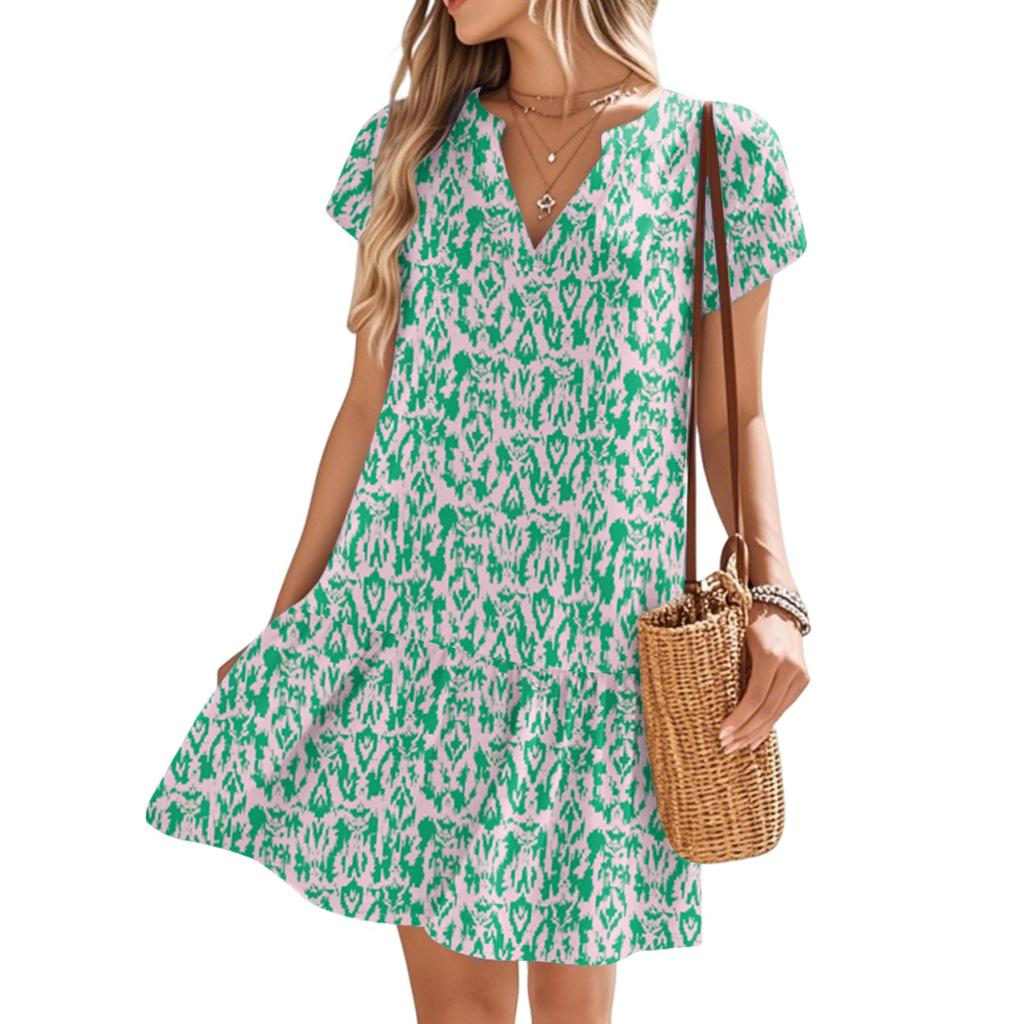 Women's Dresses Short Sleeve V-Neck Floral Printed Loose Casual Temperament Beach Dresses