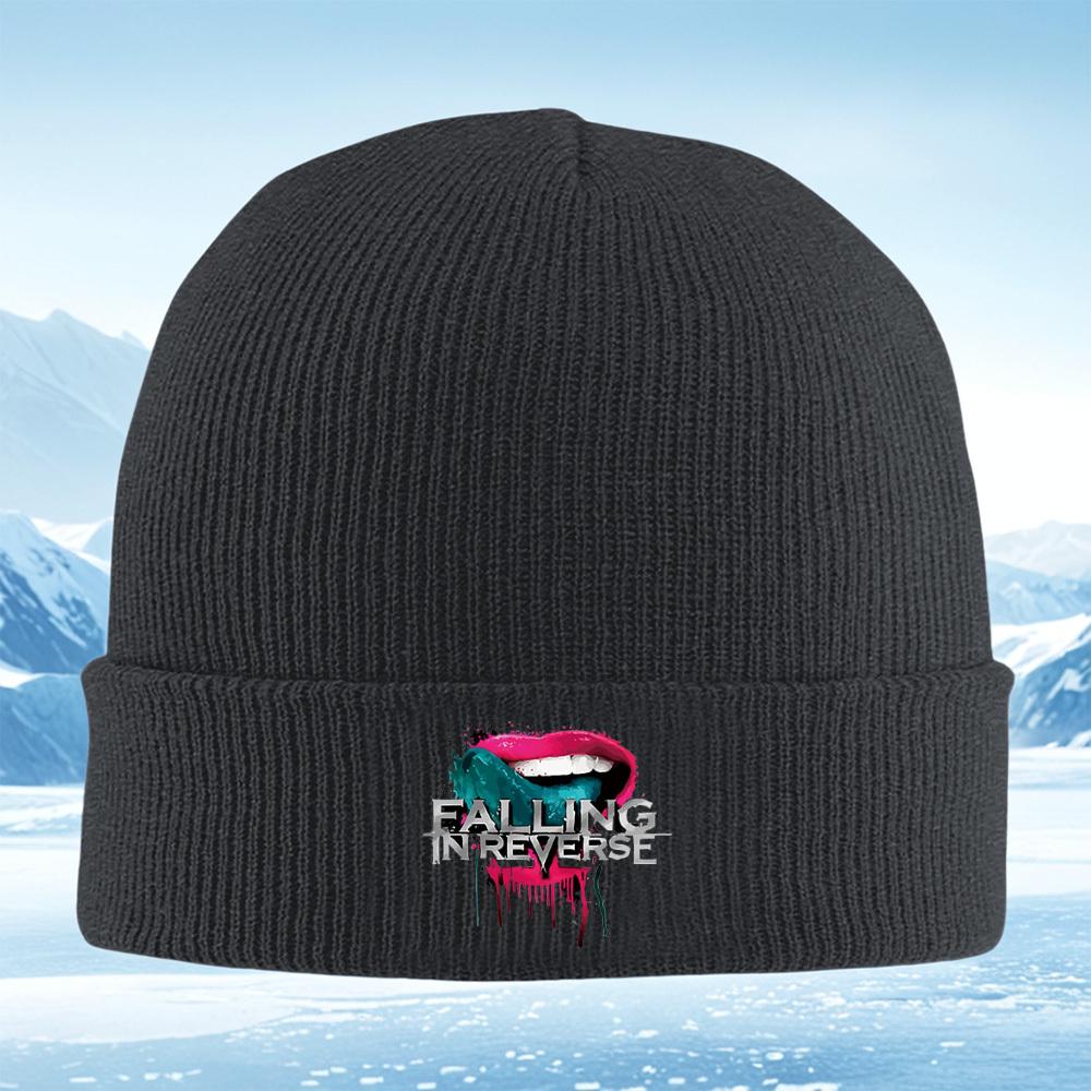 Lips tongue text splatter falling reverse Men Women Unisex Knitted Hat Beanie Pullover Cap Winter Thermal Warm Christmas Outdoor