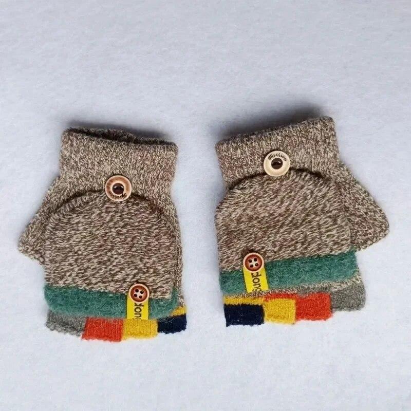 Детские перчатки с половиной пальца, жаккардовые цветные осенне-зимние теплые перчатки для детей, студенческие детские перчатки для письма