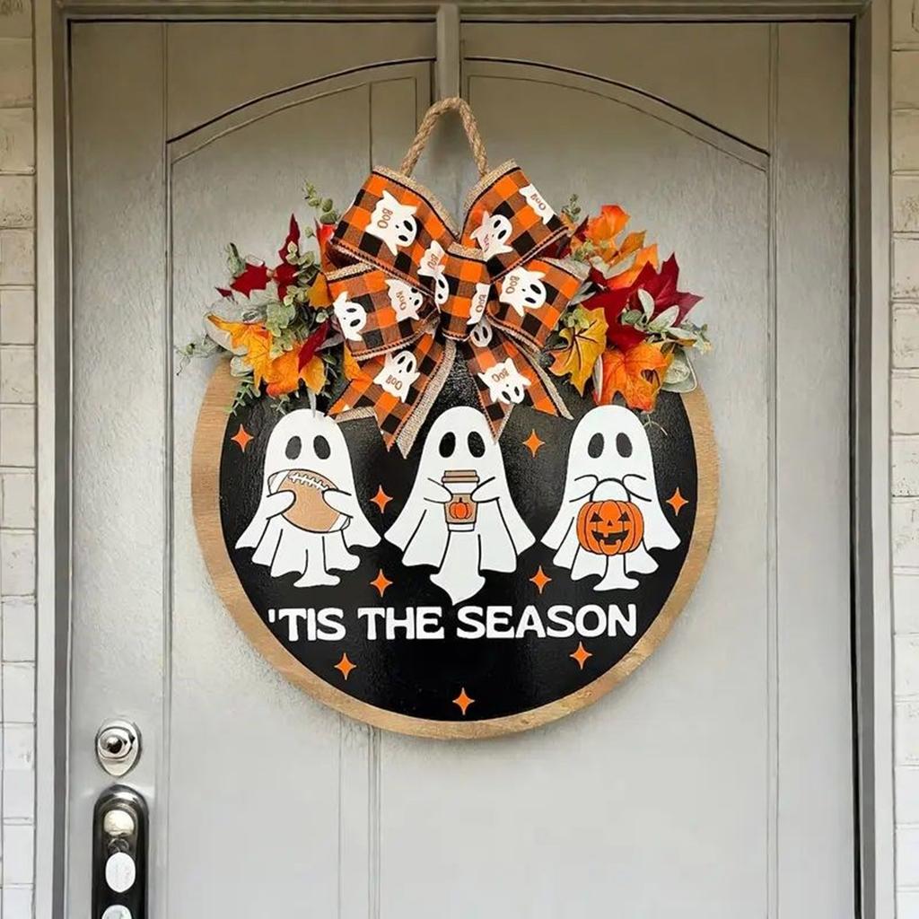 Unique Wood Fabric Crafted Halloween Ghost Wall Hanging Featuring Realistic Maple Leaves For Home Holiday Seasonal Decorations
