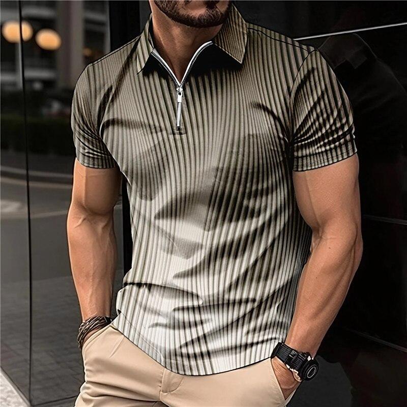 Men's Shirt Polo Casual Zip Short Sleeve Fashion Casual Zipper Summer Spring Regular Fit 3D Purple Stripe Print Shirt