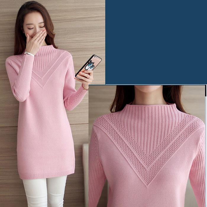 Korean Sweater Women Half Turtleneck Pullover Mid-length Knitted Sweater Women's Knitwear Solid Color Thick Jumper Sweater Autumn and Winter