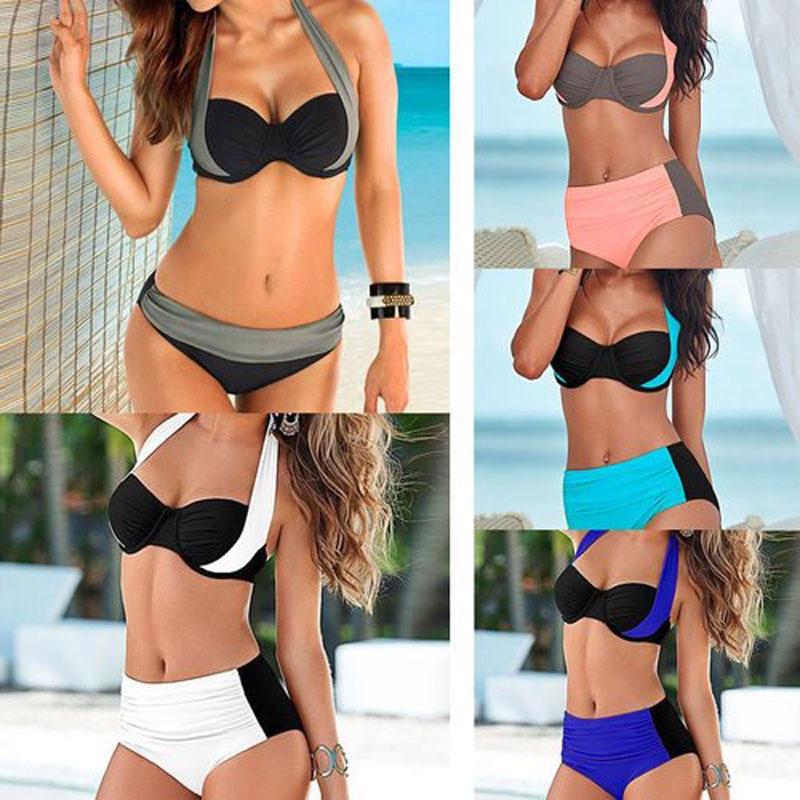 Set Women Bikini Contrast Block Halter Top High Waist Bottom Swimwear Beach