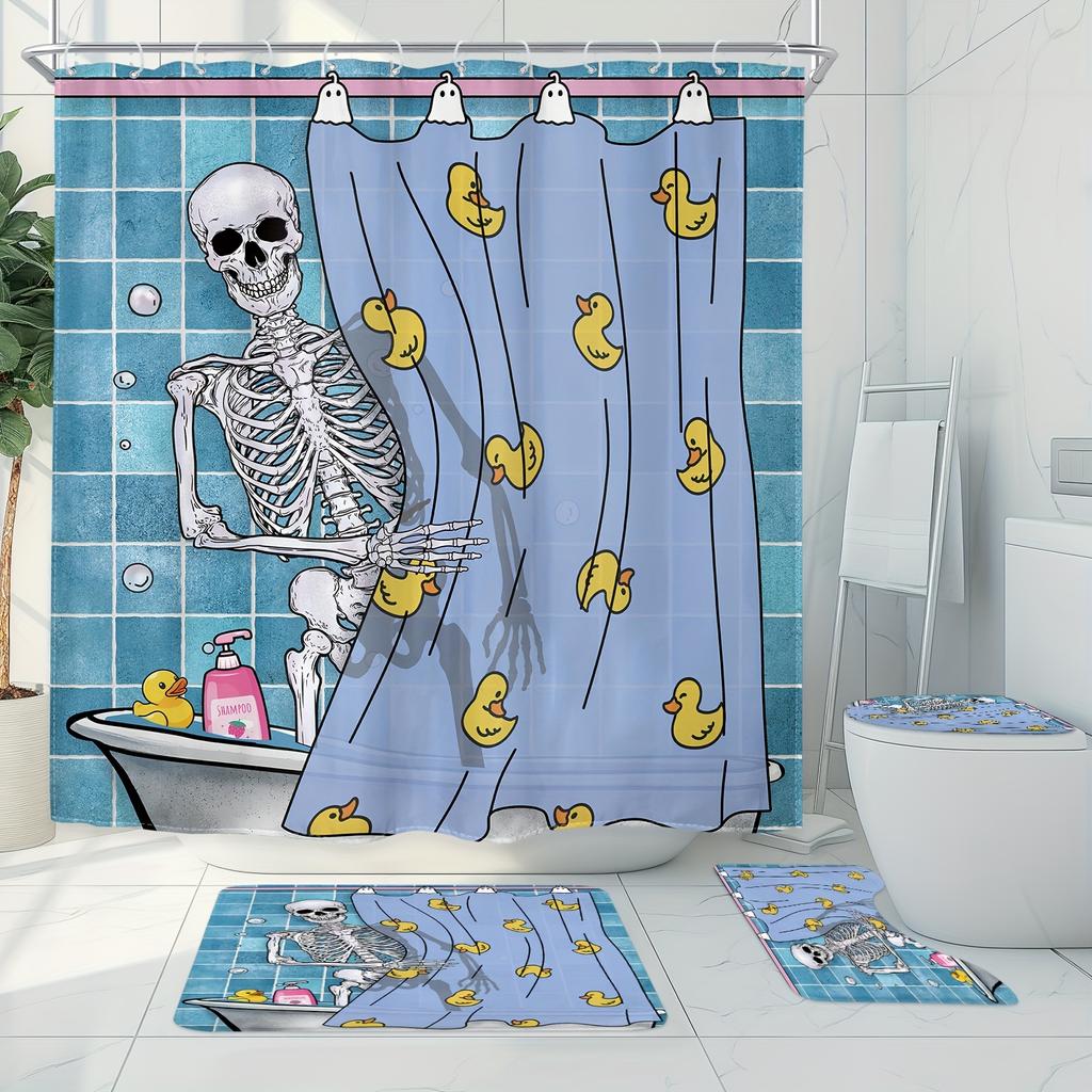 1/4 Pcs - Funny Blue Skull Shower Curtain Set, Non-Slip Bathroom Floor Mat, Toilet U-Shaped Mat, Cover Mat, Home Decor Gift