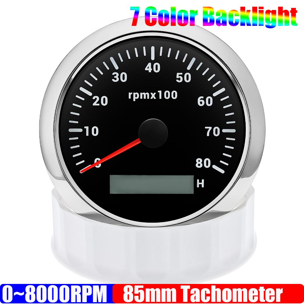 85MM Diesel Engine Tachometer 3000/4000/6000/8000 RPM Gauge REV Counter with Digital Hourmeter 7 Color Backlight 12V 24V