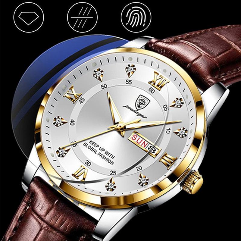 2022 Лучшие новые модные мужские часы, светящиеся водонепроницаемые тонкие часы с двойным календарем, кожаные мужские автоматические часы с бриллиантами