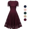 Deer Women's Lace Scallop V Neck Short Sleeve Fitted Waist Midi Prom Dress Bridesmaid Wedding Guest Party Cocktail Evening Occasion Outfit
