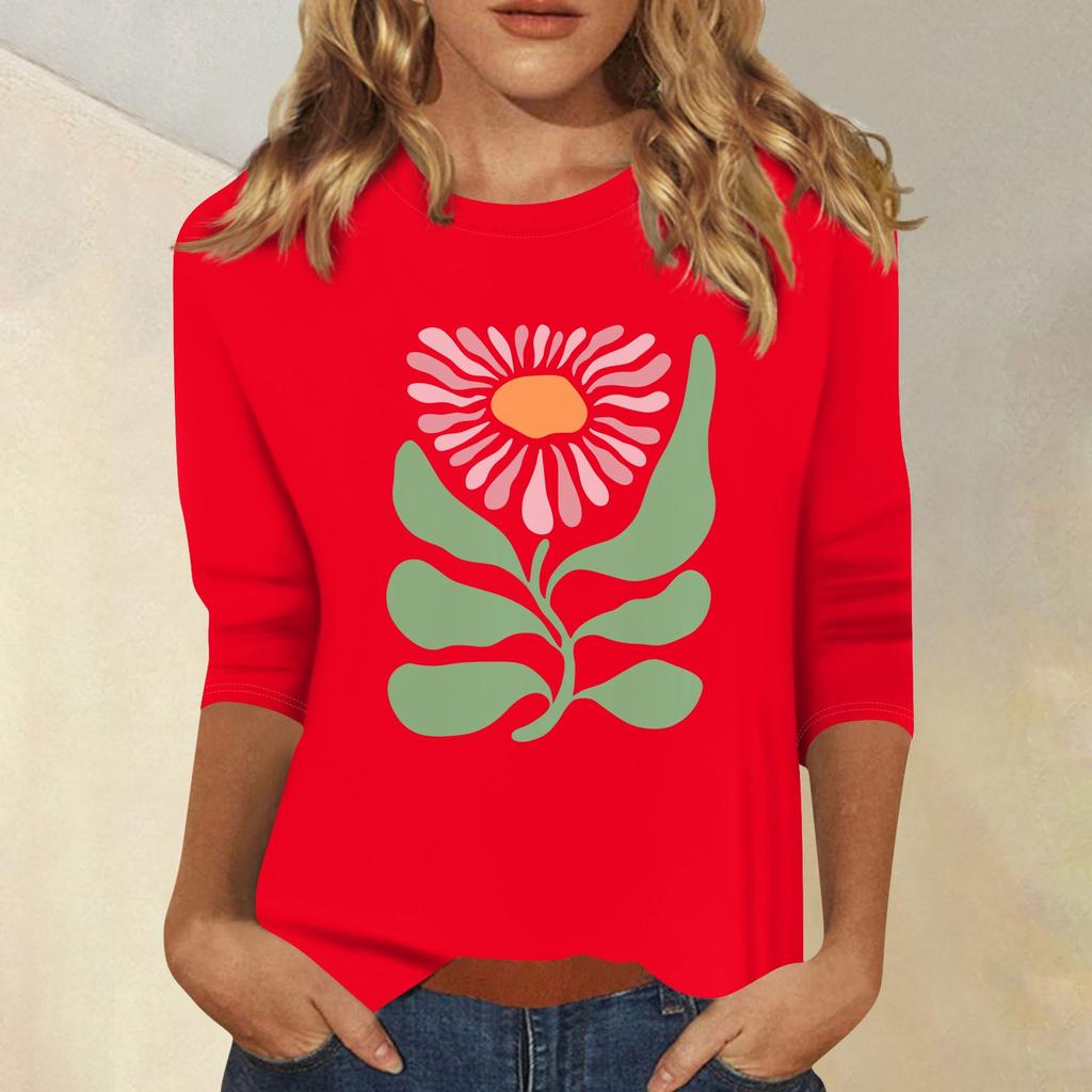 Женская мода повседневный принтованный топ с семью рукавами и круглым вырезом