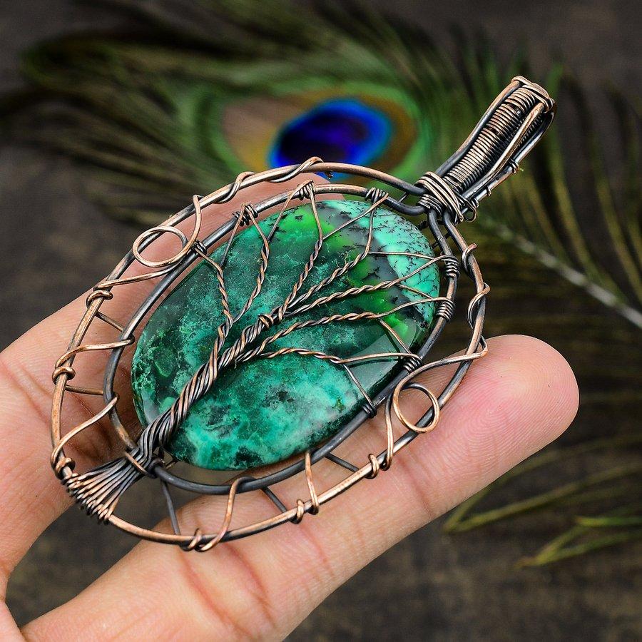 Green Dendritic Gemstone Copper Wire Wrap Jewelry Pendant 3.55"
