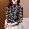Mesh Base Shirt for Autumn New Printed Half Turtle Neck Large Size Long-sleeved T-shirt Women's Top