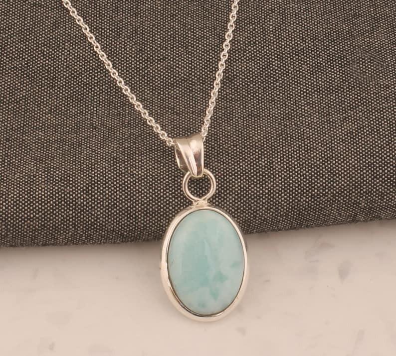 Solid 925 Sterling Silver larimar Gemstone Pendant Necklace Boho Designer Necklace Statement Jewelry