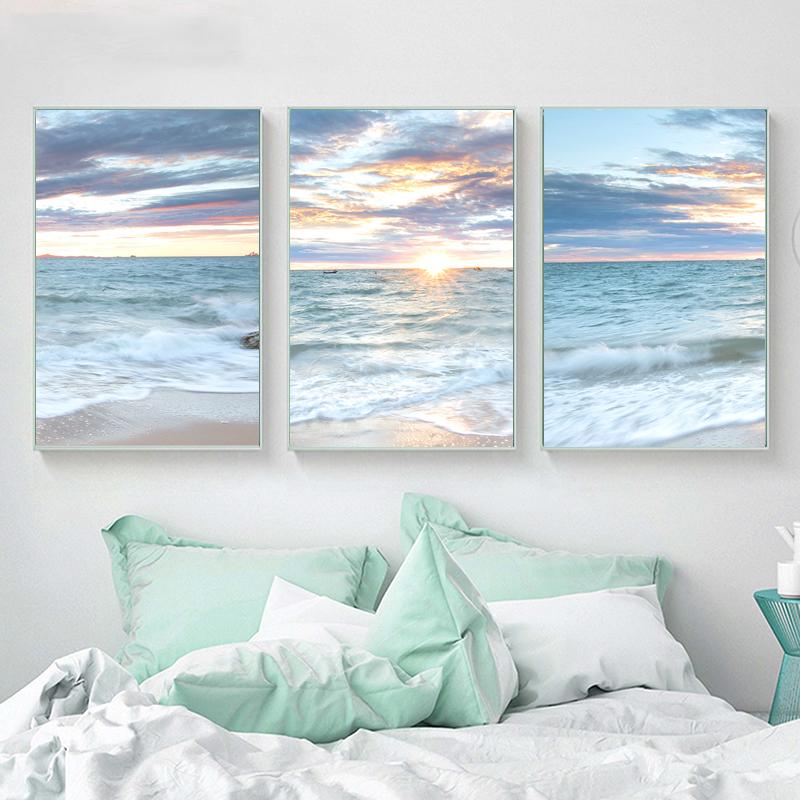 Восход Прибрежный Синий Морской Пейзаж Волны Картина Декоративный Плакат Холст Картина Печати Пляжная Настенная Картина Домашний Декор
