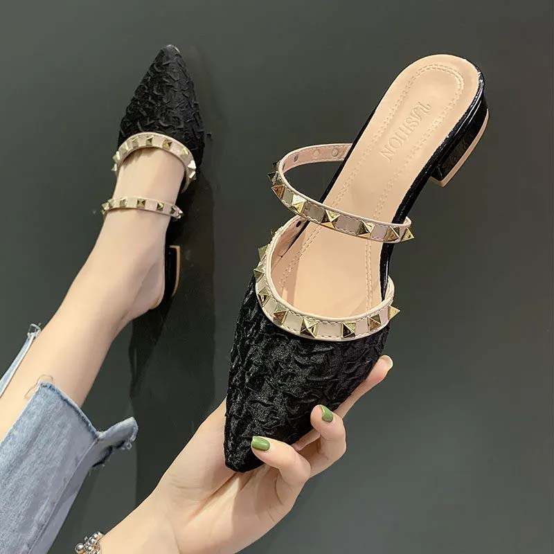 Женские босоножки на массивном каблуке с острыми заклепками, полутапочки Baotou, женские пикантные сандалии из мягкой кожи, тапочки с острым носком на низком каблуке