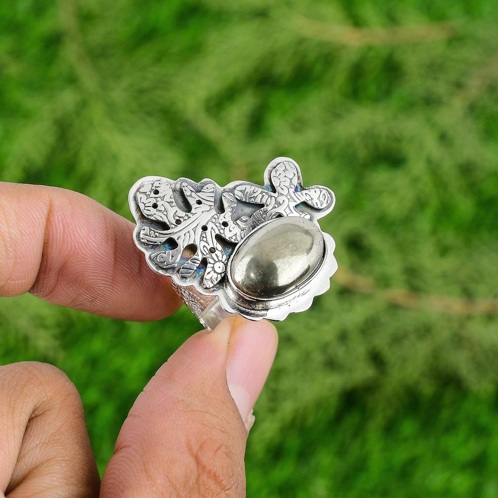 Gift For Her 925 Silver Natural Pyrite Gemstone Stackable Adjustable Ring