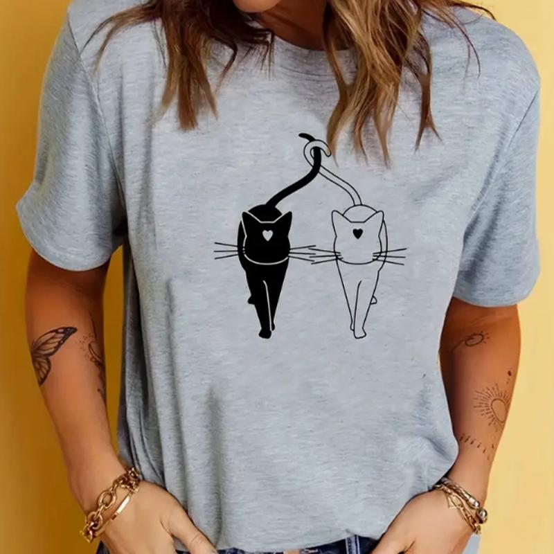 Fashion Women Black and White Cat Print T Shirt Funny Casual O-neck Short Sleeves T-shirt Summer Female Tee Shirt