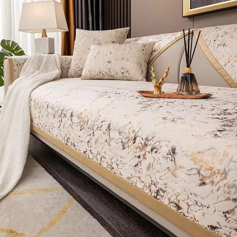 High-end Black Gold Leather Sofa Cushion Modern Non-slip Anti Cat Scratching Chair Pad Satin Edging Recliner Cover Towel Winter