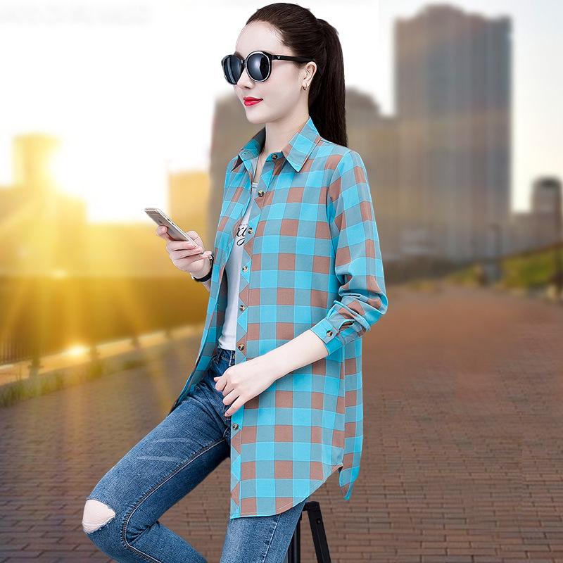 Женское клетчатое платье-рубашка: Пижама бойфренда в корейском стиле с длинными рукавами и средней длиной в красном, синем и желтом цветах. Стройный, но свободный и сексуальный.