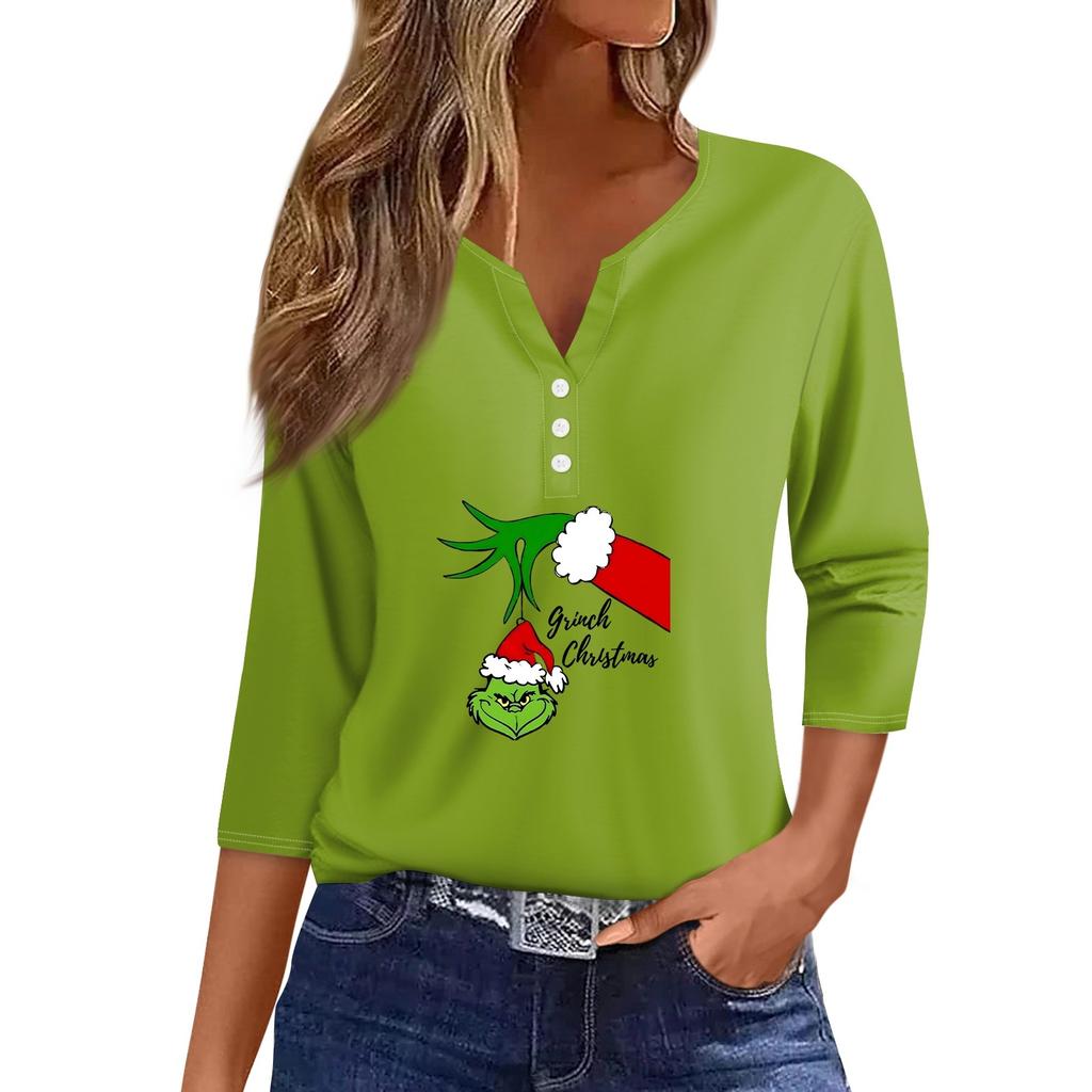 Women's T Shirt Tee Christmas Print Button  3/4 Sleeve Daily Weekend Fashion Basic V- Neck Regular Top