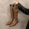 Модные модные плиссированные сапоги женские классические кожаные сапоги до колена зимние новые ретро большие размеры 42 женские длинные сапоги модные рыцарские сапоги