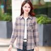 Women's Spring and Autumn Plaid Shirt Standing Collar Long Sleeve Shirt Vintage Loose Shirt