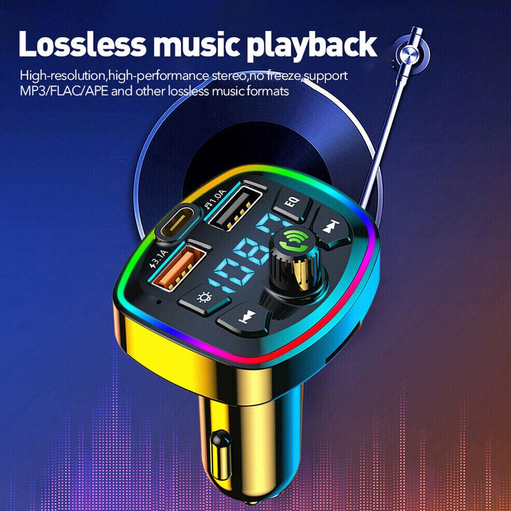 Bluetooth FM Transmitter Multi-Function Atmosphere MP3 Player for Car with QC3.0 Fast Charger, LED Mood Light Music Receiver