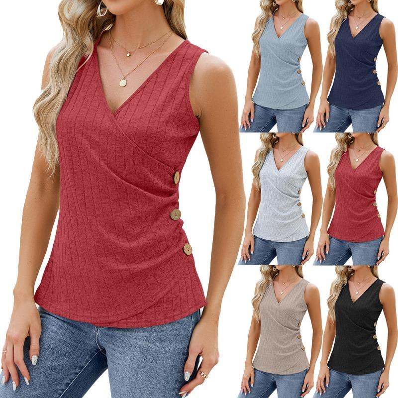 Women's Summer Button-up Fashion Sleeveless T-shirt V-neck Pleated Vest Top