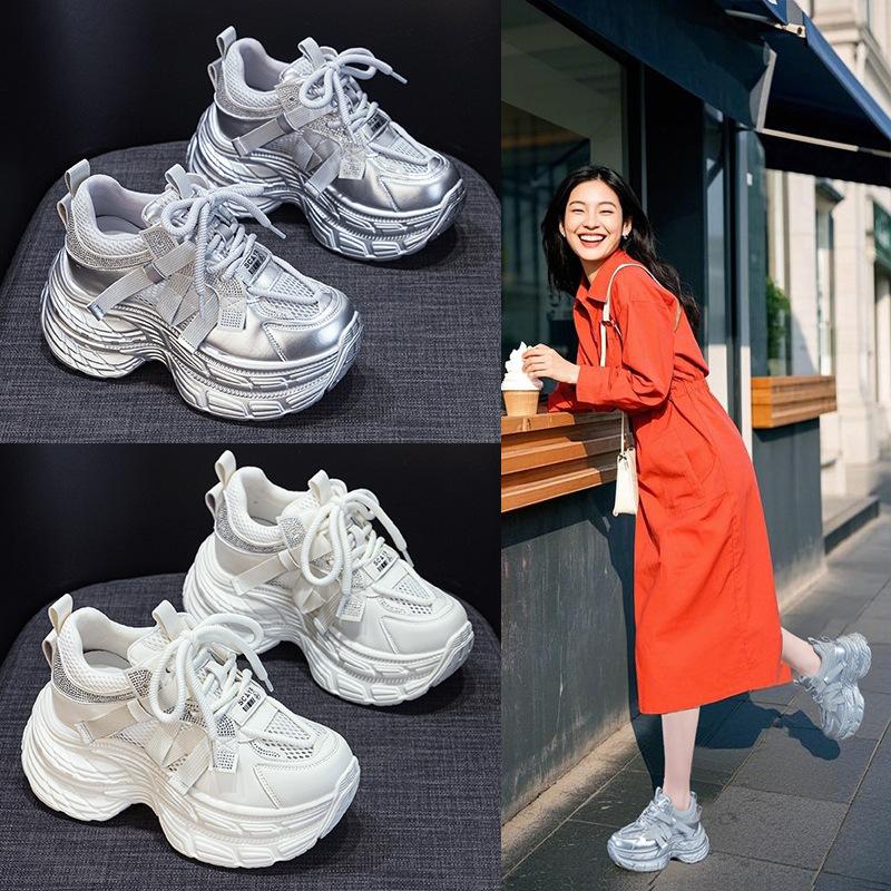 Dad Shoes Women's Thick-soled Inner Height Increase Casual Versatile Color Matching Rhinestone Mesh Sports Women's Shoes