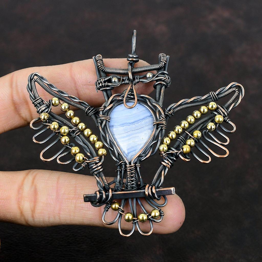 Подвеска из голубого кружевного агата, подвеска из драгоценного камня, подвеска из медной проволоки, подвеска ручной работы в виде совы, медное ювелирное украшение в подарок для нее, подвеска последнего дизайна