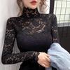 Autumn/Winter Lace Mesh Turtleneck Slim-Fit Women's Long-Sleeved Top