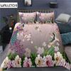 Peacock Duvet Cover , Plum Blossom Decor Bedding Set King Size Crane Peacock Feather Floral Pattern Romantic Quilt Cover