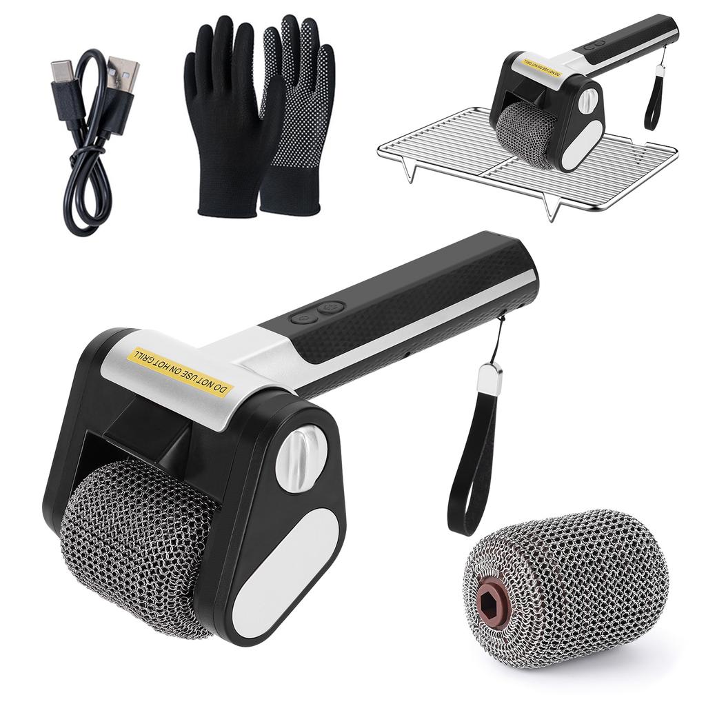 New Electric Roller Grill Brush w/ LED Light StainlessSteel Bristle-Free Cleaner Brush Repalceable Brush Head USB BBQ Clean Tool