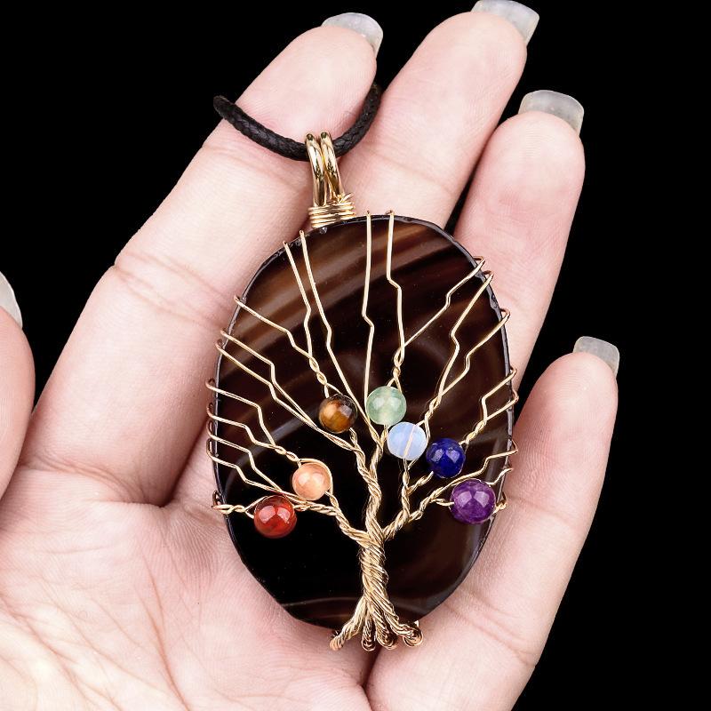 Natural Agate Stone Life of Tree Pendant Necklace Rough Wire Winding Pendant Sweater Chain Jewelry Women's for Necklace 7 Chakra