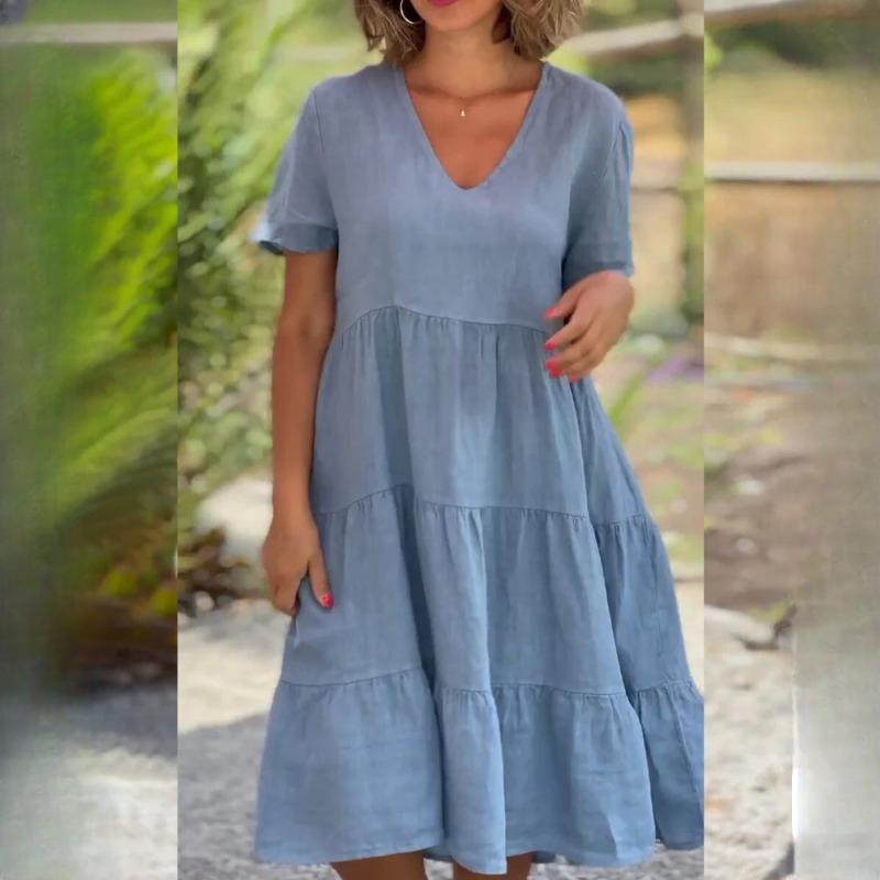 GMXIA Женская мода, лето, весна, свежие и милые однотонные принты, с коротким рукавом, v-образным вырезом, большие свободные повседневные платья