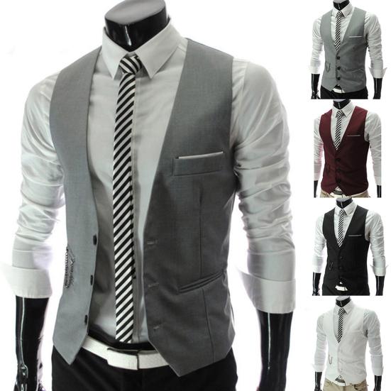 Fashion Men Solid Color V Neck Sleeveless Button Pocket Blazer Suit Waistcoat