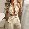 Women Two Piece Pants Set Solid Lapel V Neck Sleeveless Crop Casual High Waist Pocket Wide Leg Pants Set Streetwear