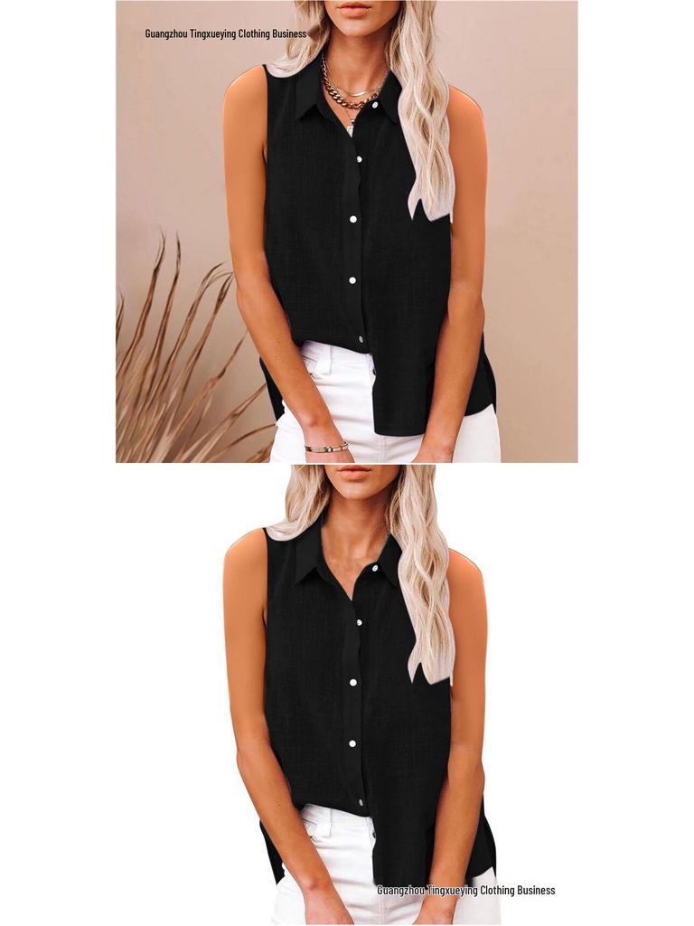 Летняя женская рубашка без рукавов с лацканами из хлопка и льна